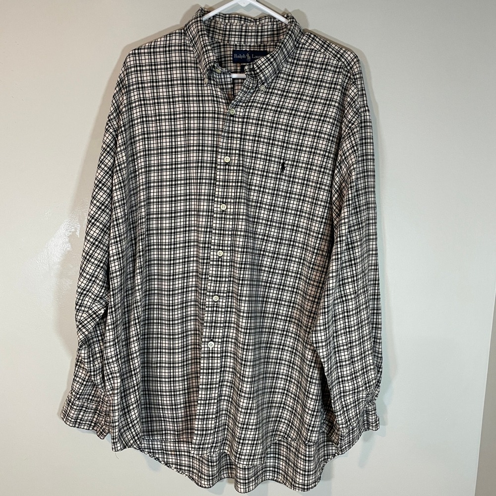 Ralph Lauren Blake Mens XXL Black Ivory Plaid Cotton Button Down Shirt Long Sl